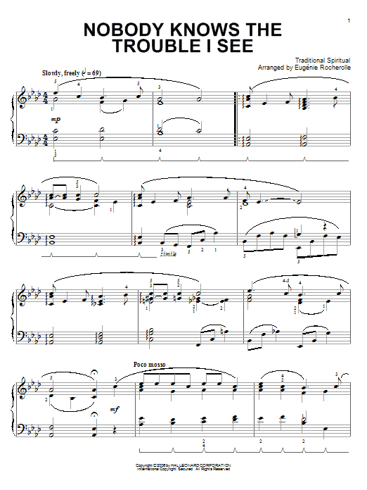 Traditional Spiritual Nobody Knows De Trouble I See sheet music notes and chords arranged for Piano Solo