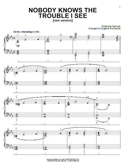 Traditional Spiritual Nobody Knows De Trouble I See (Rare Version) sheet music notes and chords arranged for Piano Solo