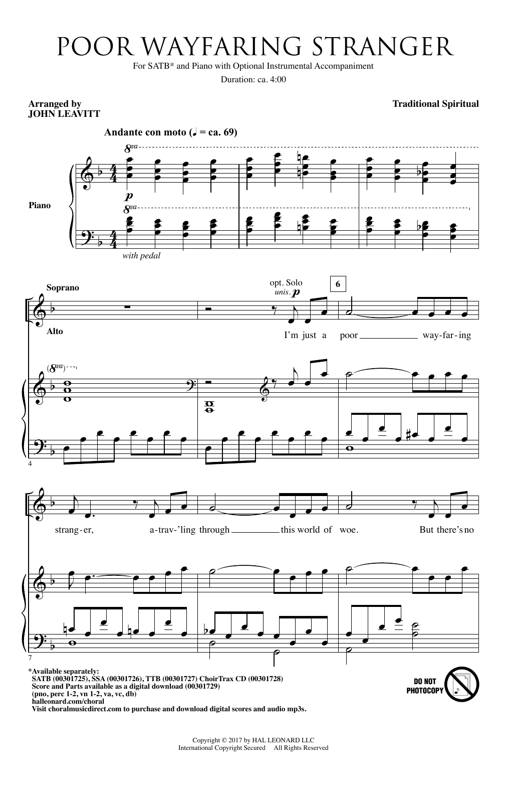 Traditional Spiritual Poor Wayfaring Stranger (arr. John Leavitt) sheet music notes and chords arranged for SATB Choir