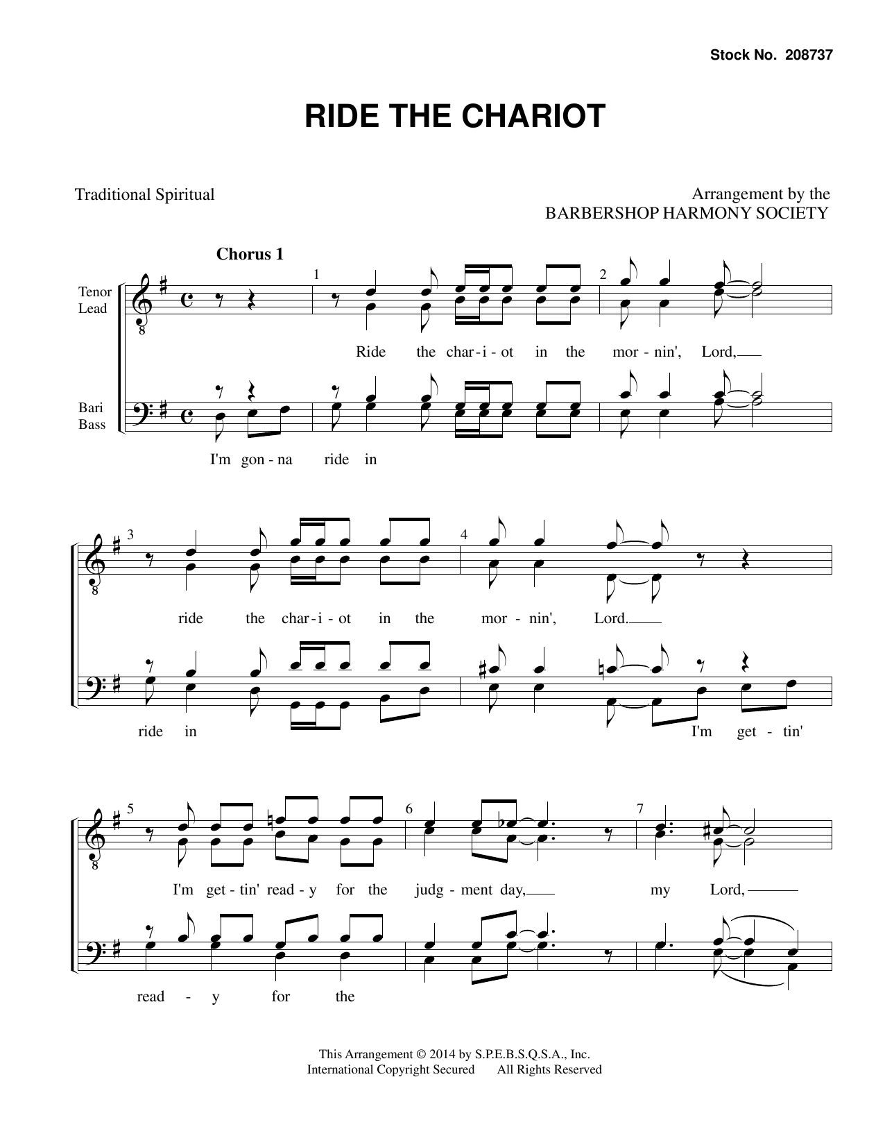 Traditional Spiritual Ride The Chariot (arr. Barbershop Harmony Society) sheet music notes and chords arranged for SSAA Choir