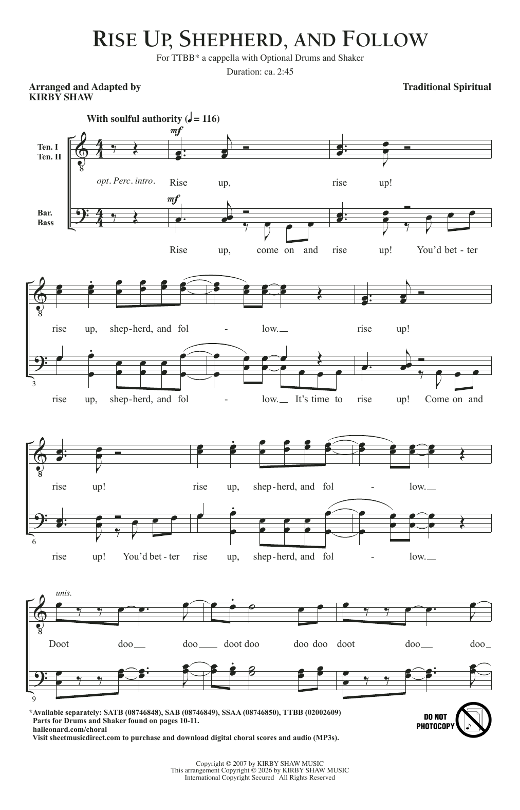 Traditional Spiritual Rise Up, Shepherd, And Follow (arr. Kirby Shaw) sheet music notes and chords arranged for TTBB Choir
