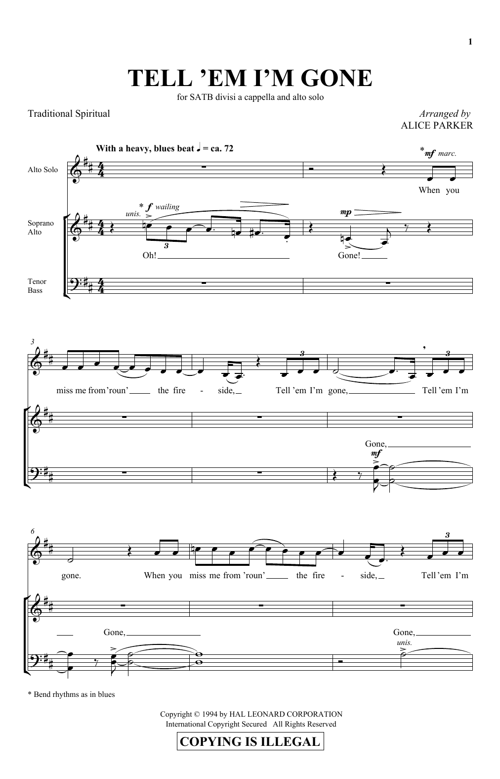 Traditional Spiritual Tell 'Em I'm Gone (arr. Alice Parker) sheet music notes and chords arranged for SATB Choir