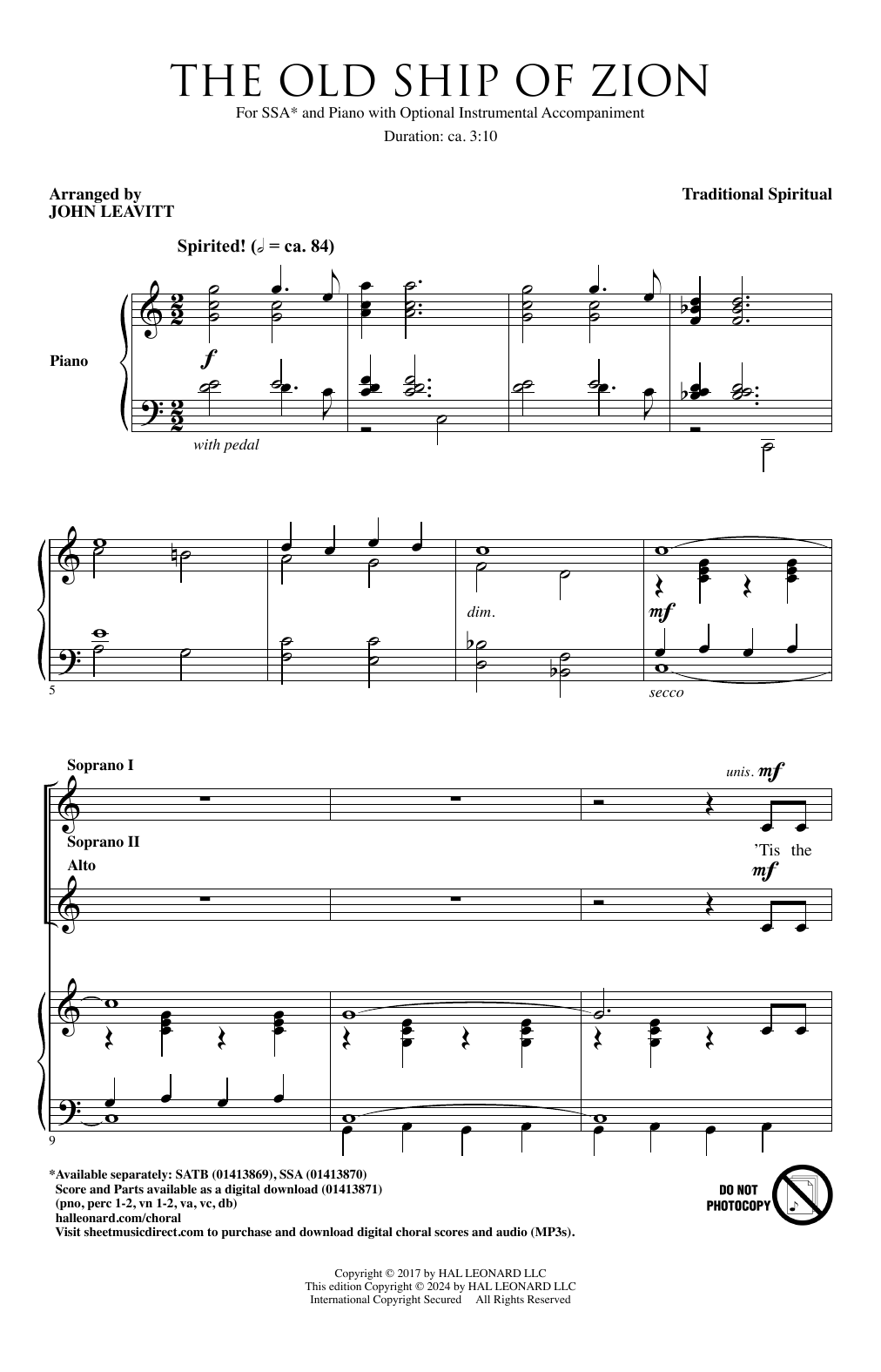 Traditional Spiritual The Old Ship Of Zion (arr. John Leavitt) sheet music notes and chords arranged for SSA Choir