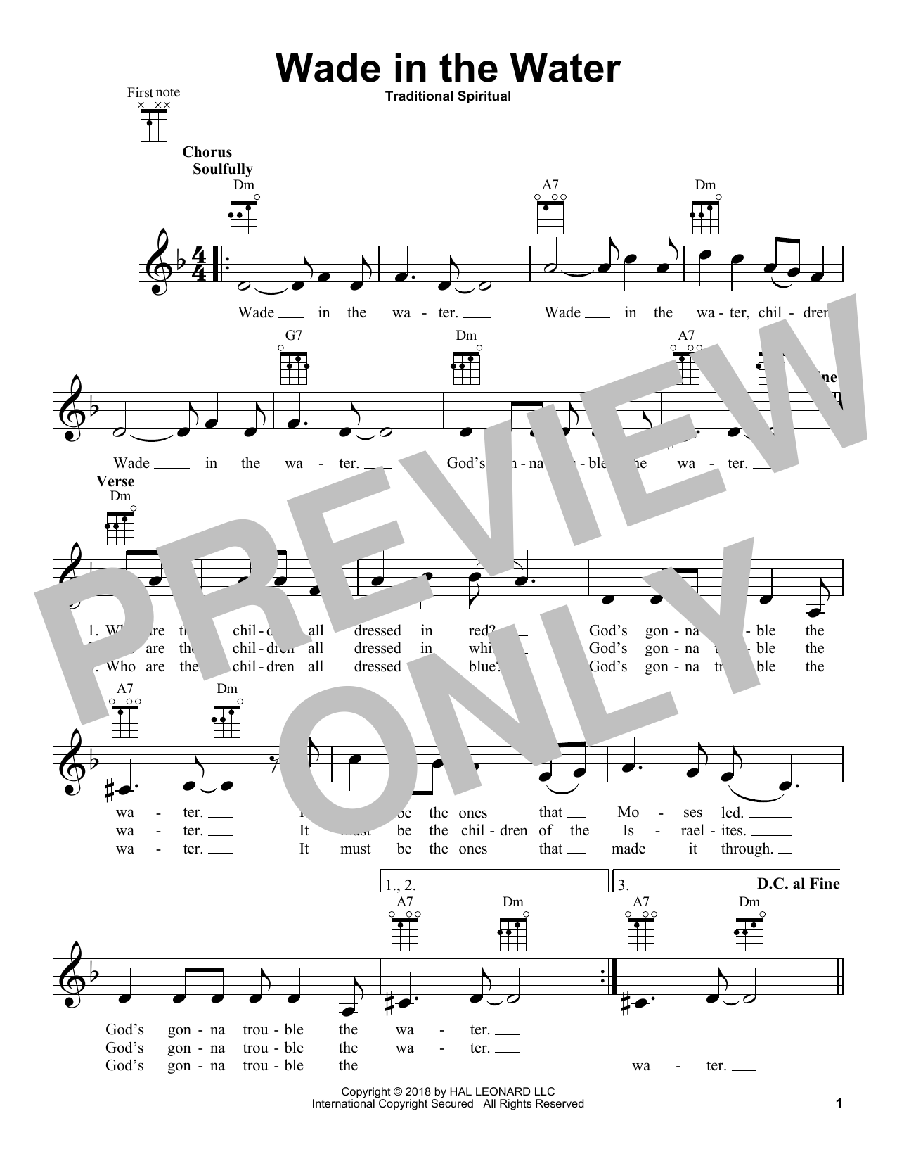 Traditional Spiritual Wade In The Water sheet music notes and chords arranged for Ukulele