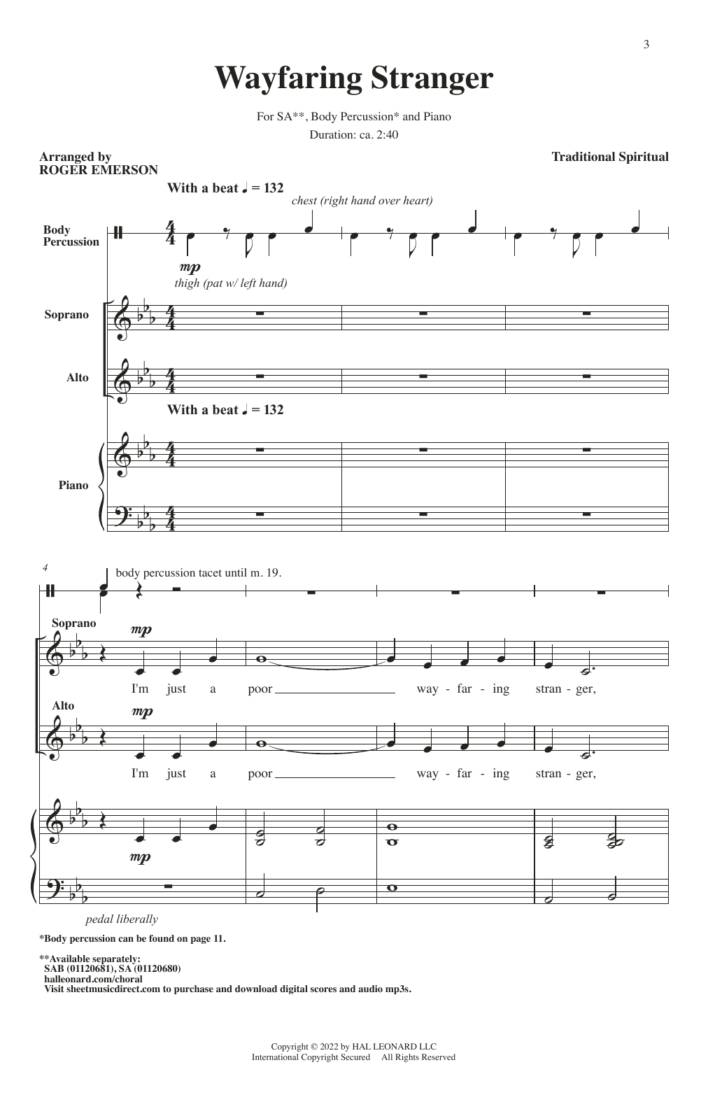 Traditional Spiritual Wayfaring Stranger (arr. Roger Emerson) sheet music notes and chords arranged for SAB Choir