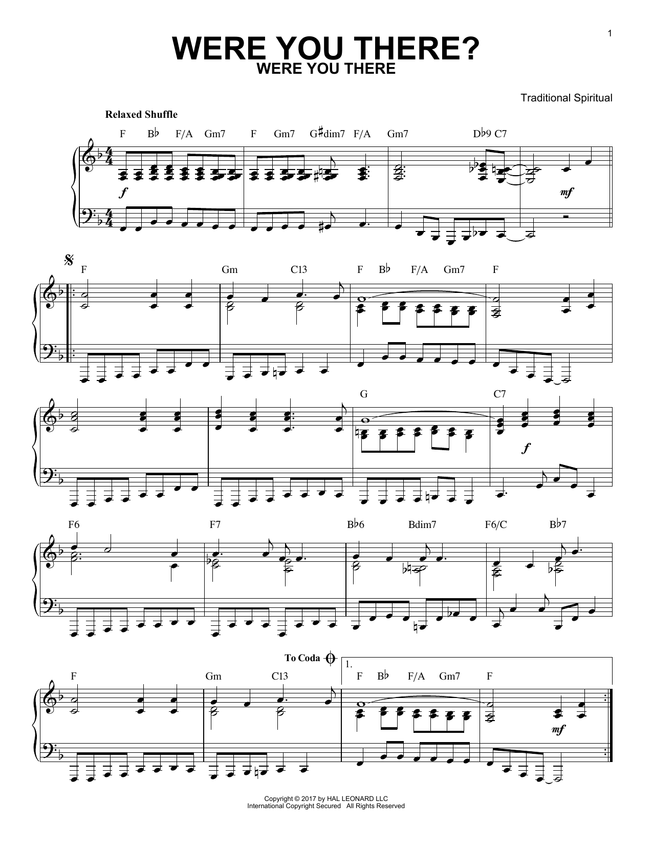 Traditional Spiritual Were You There? [Jazz version] sheet music notes and chords arranged for Piano Solo