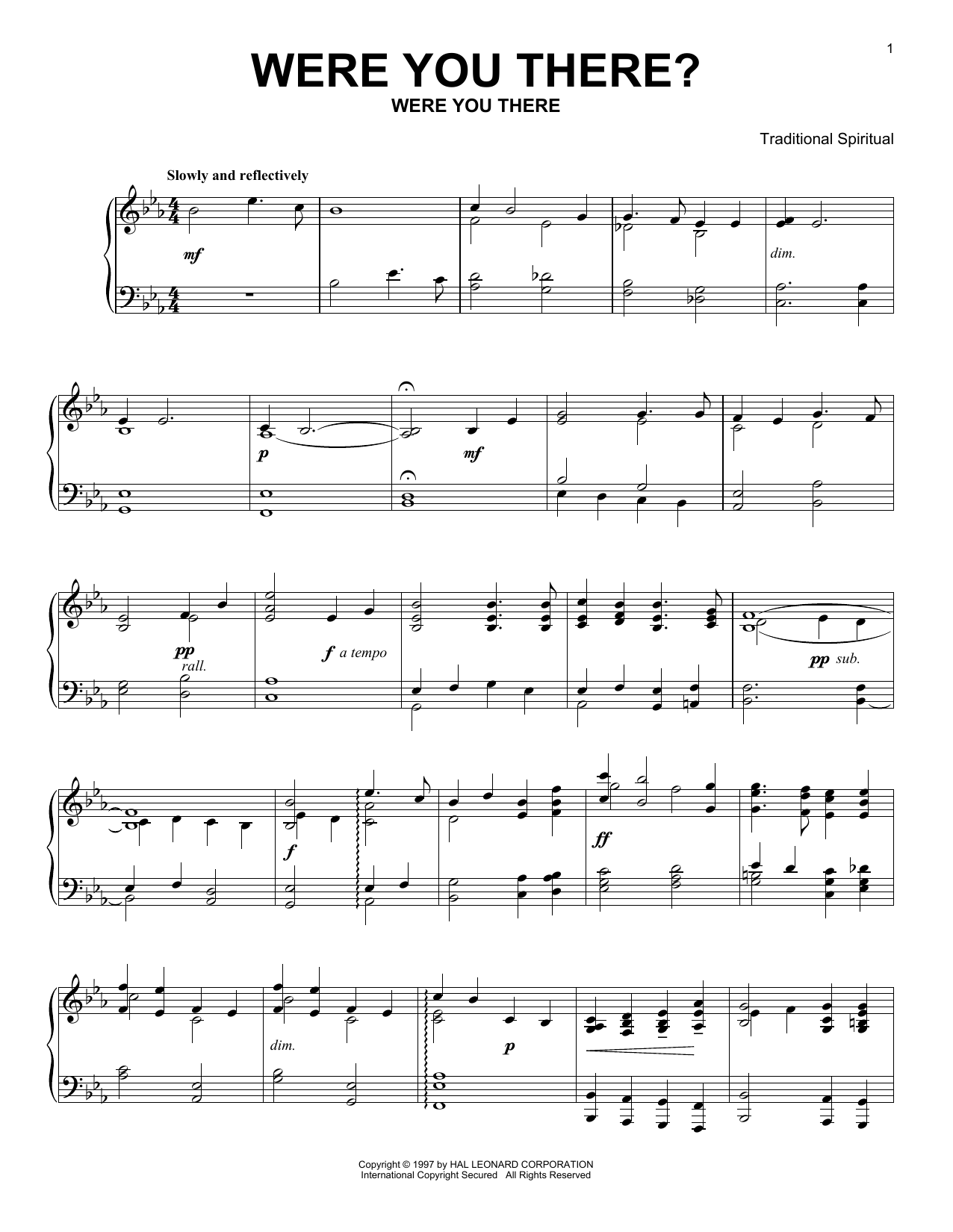 Traditional Spiritual Were You There? sheet music notes and chords arranged for 5-Finger Piano