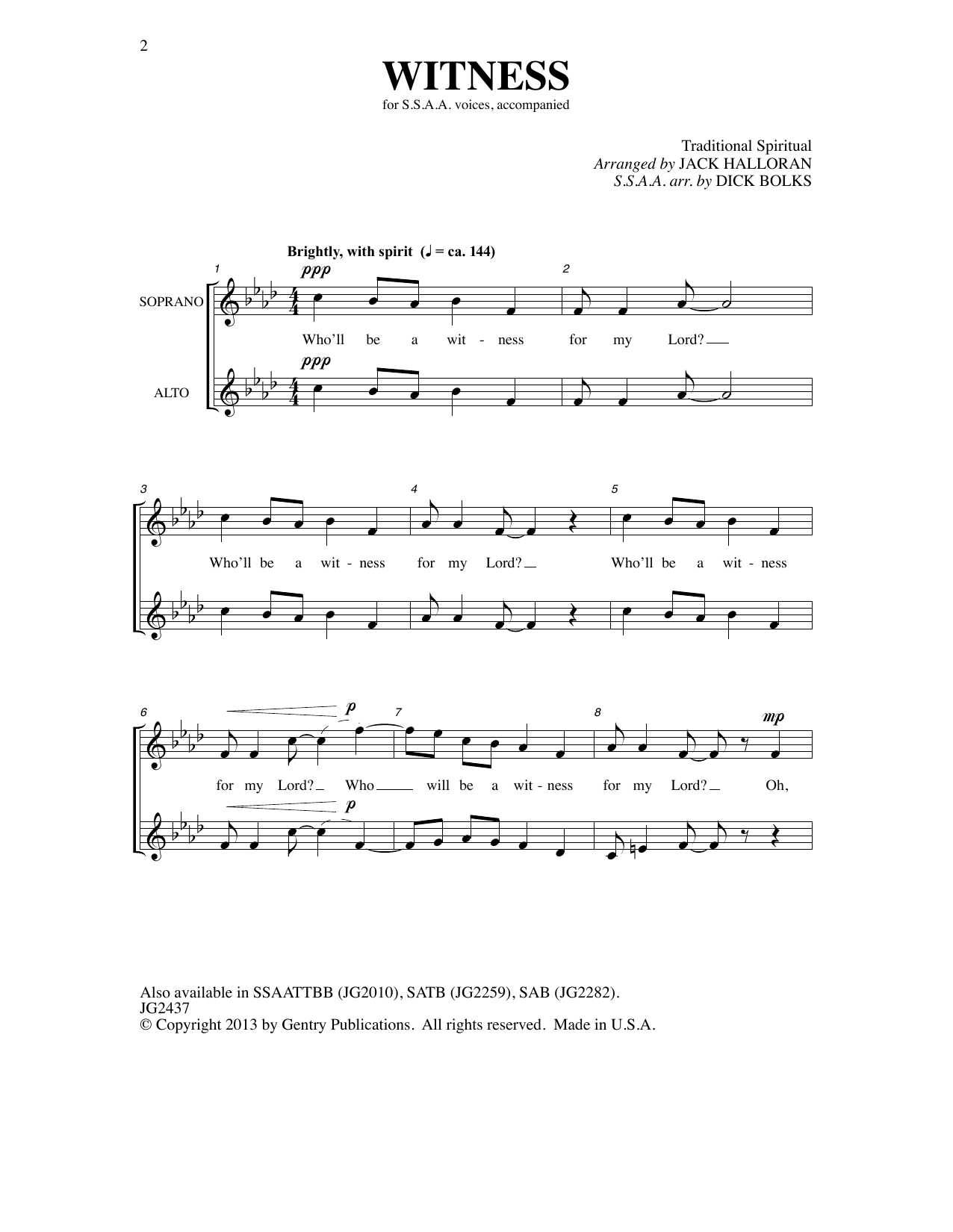 Traditional Spiritual Witness (arr. Dick Bolks) sheet music notes and chords arranged for SSA Choir