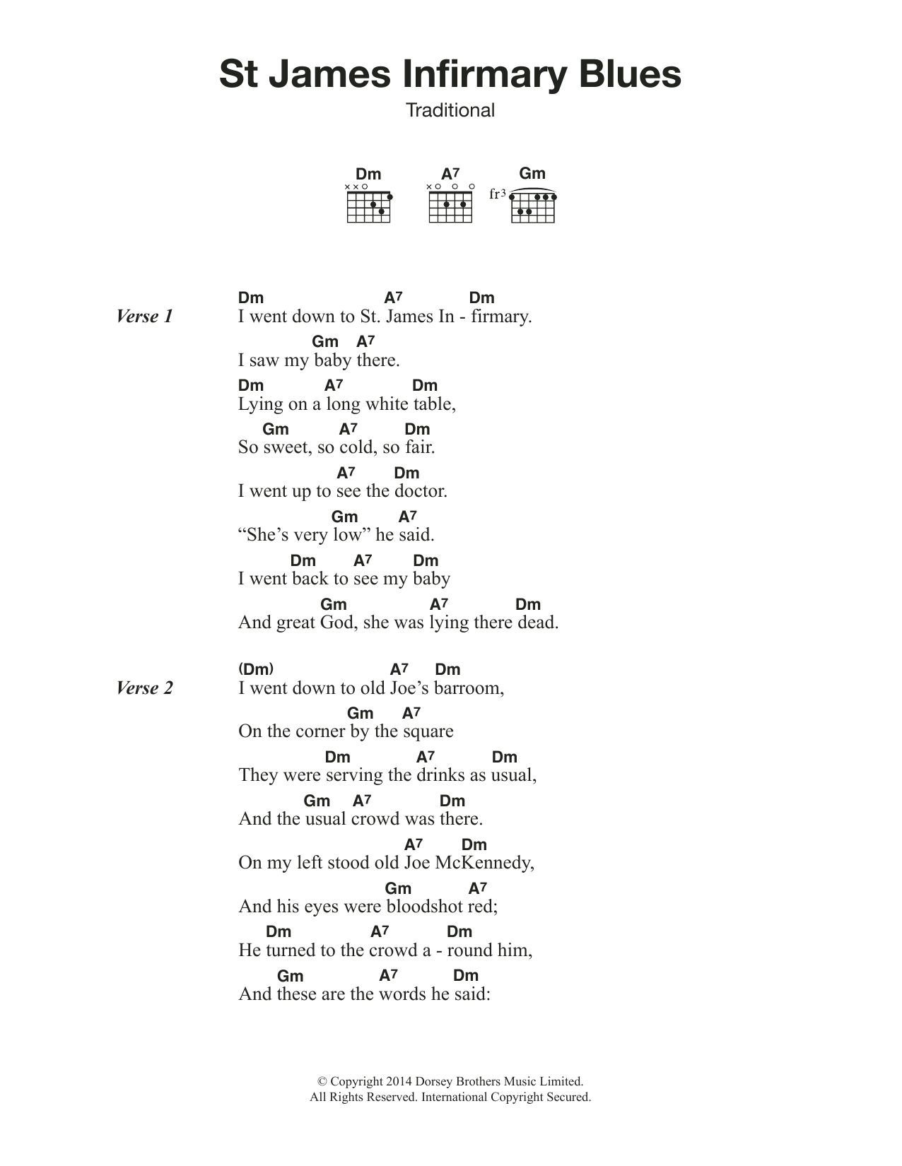 Traditional St James' Infirmary Blues sheet music notes and chords arranged for Guitar Chords/Lyrics
