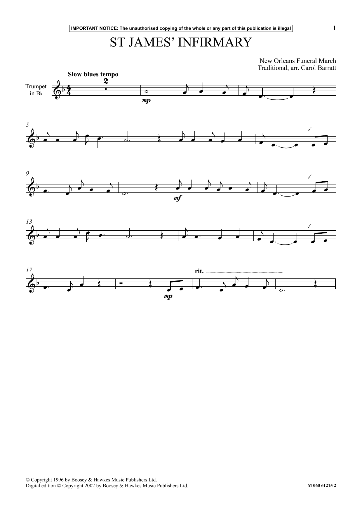 Traditional St James Infirmary sheet music notes and chords arranged for Instrumental Solo