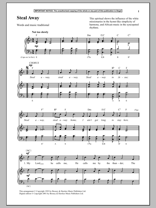 Traditional Steal Away sheet music notes and chords arranged for Piano & Vocal