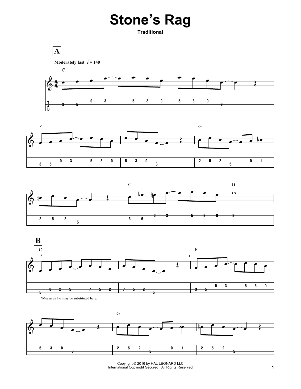 Traditional Stone's Rag sheet music notes and chords arranged for Mandolin Tab