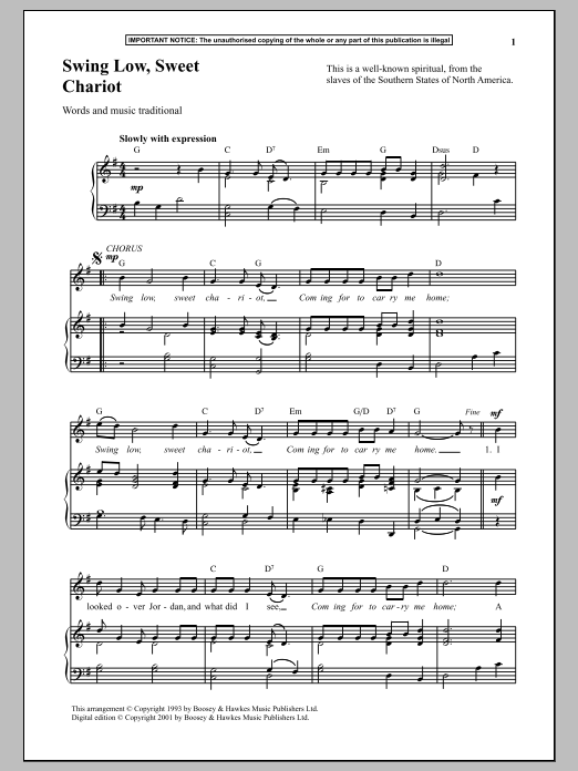 Traditional Swing Low, Sweet Chariot sheet music notes and chords arranged for Lead Sheet / Fake Book