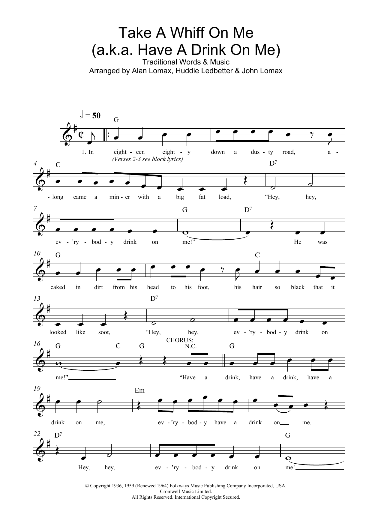 Traditional Take A Whiff On Me (a.k.a. Have A Drink On Me) sheet music notes and chords arranged for Lead Sheet / Fake Book