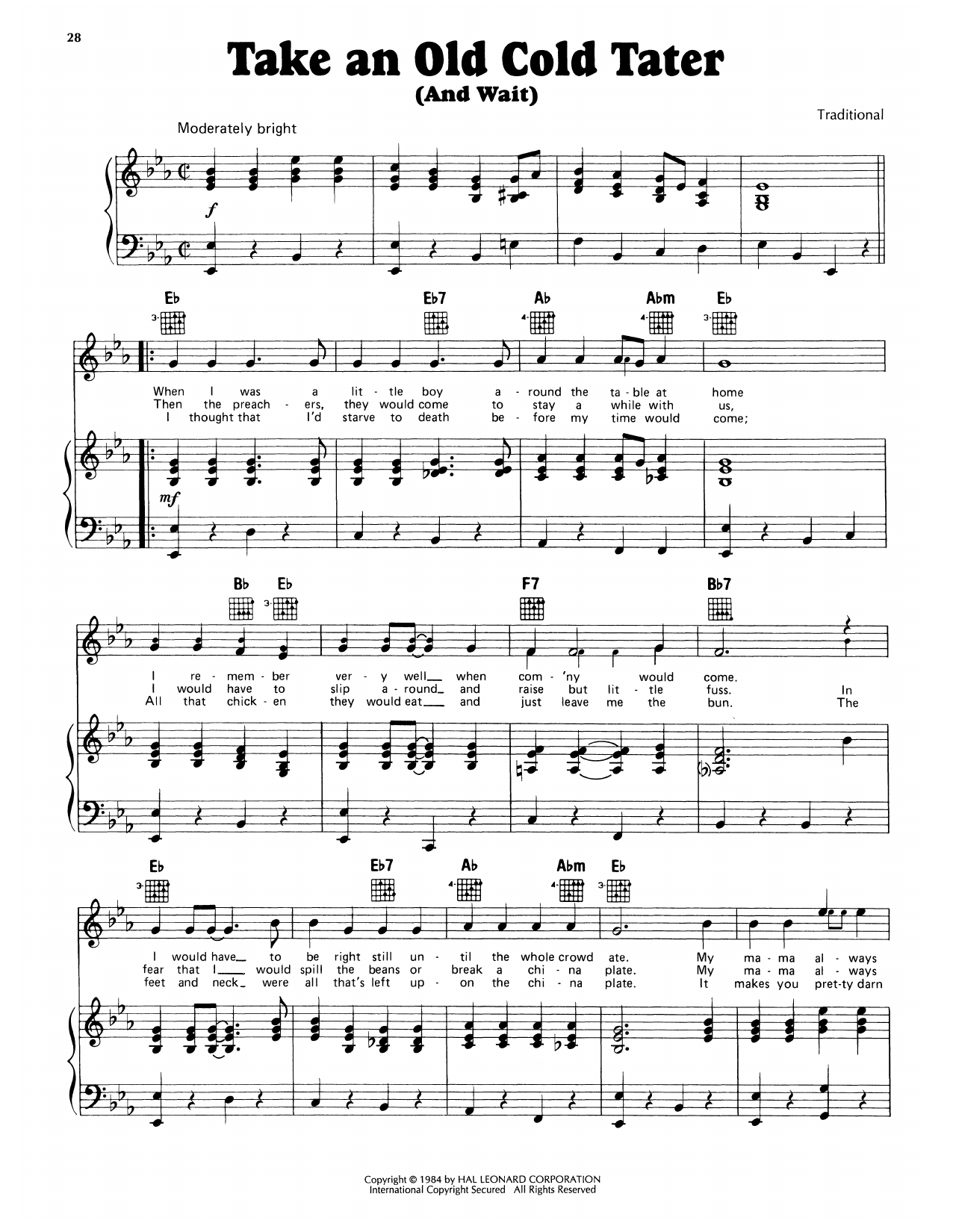 Traditional Take An Old Cold Tater (And Wait) sheet music notes and chords arranged for Piano, Vocal & Guitar Chords (Right-Hand Melody)