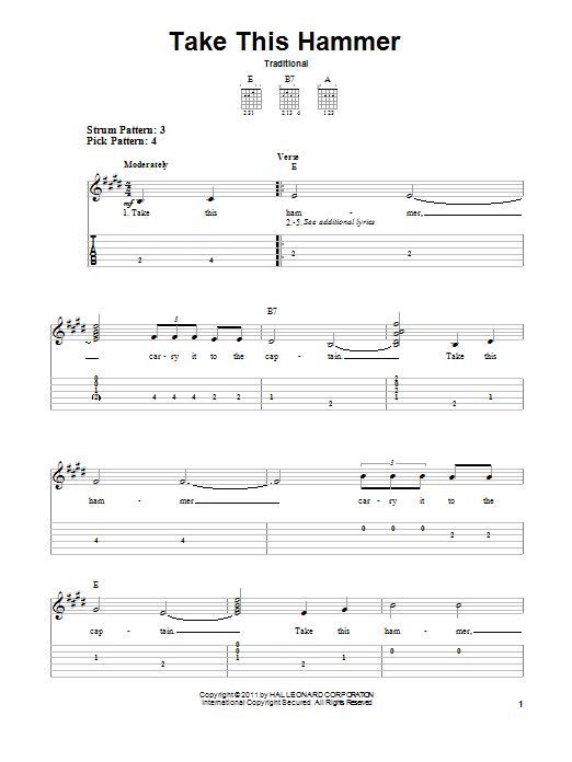 Traditional Take This Hammer sheet music notes and chords arranged for Easy Guitar Tab