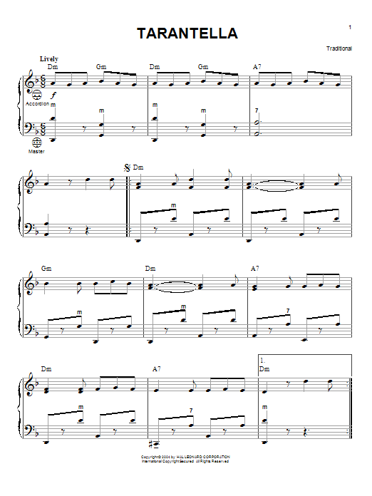 Traditional Tarantella sheet music notes and chords arranged for Piano Solo