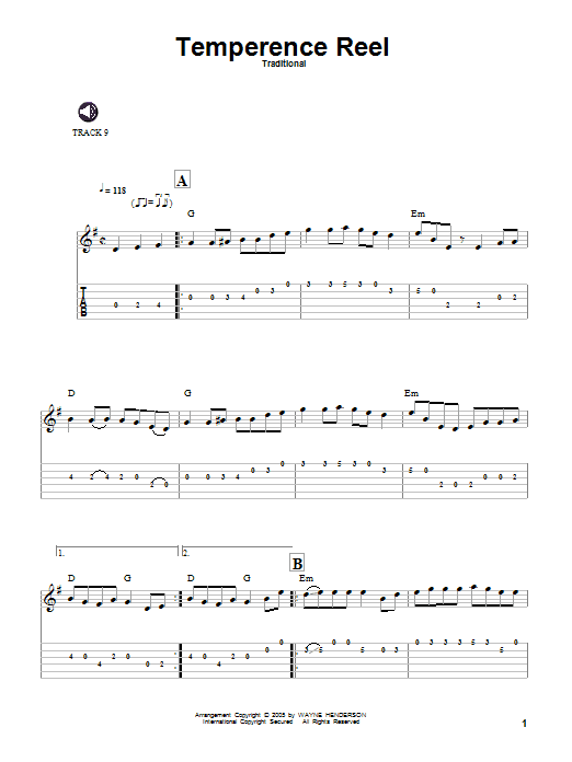 Traditional Temperence Reel sheet music notes and chords arranged for Solo Guitar