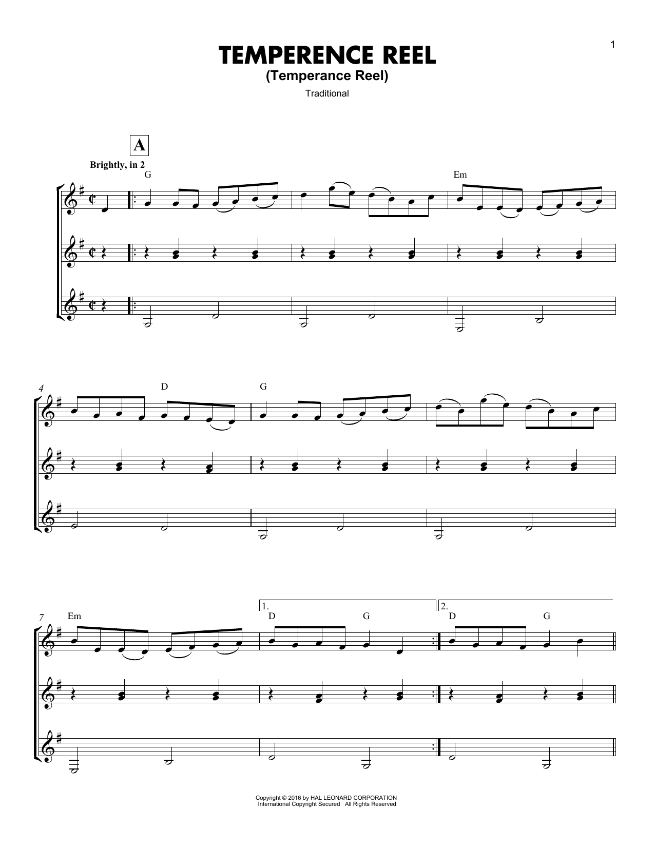 Traditional Temperence Reel (Temperance Reel) sheet music notes and chords arranged for Guitar Ensemble