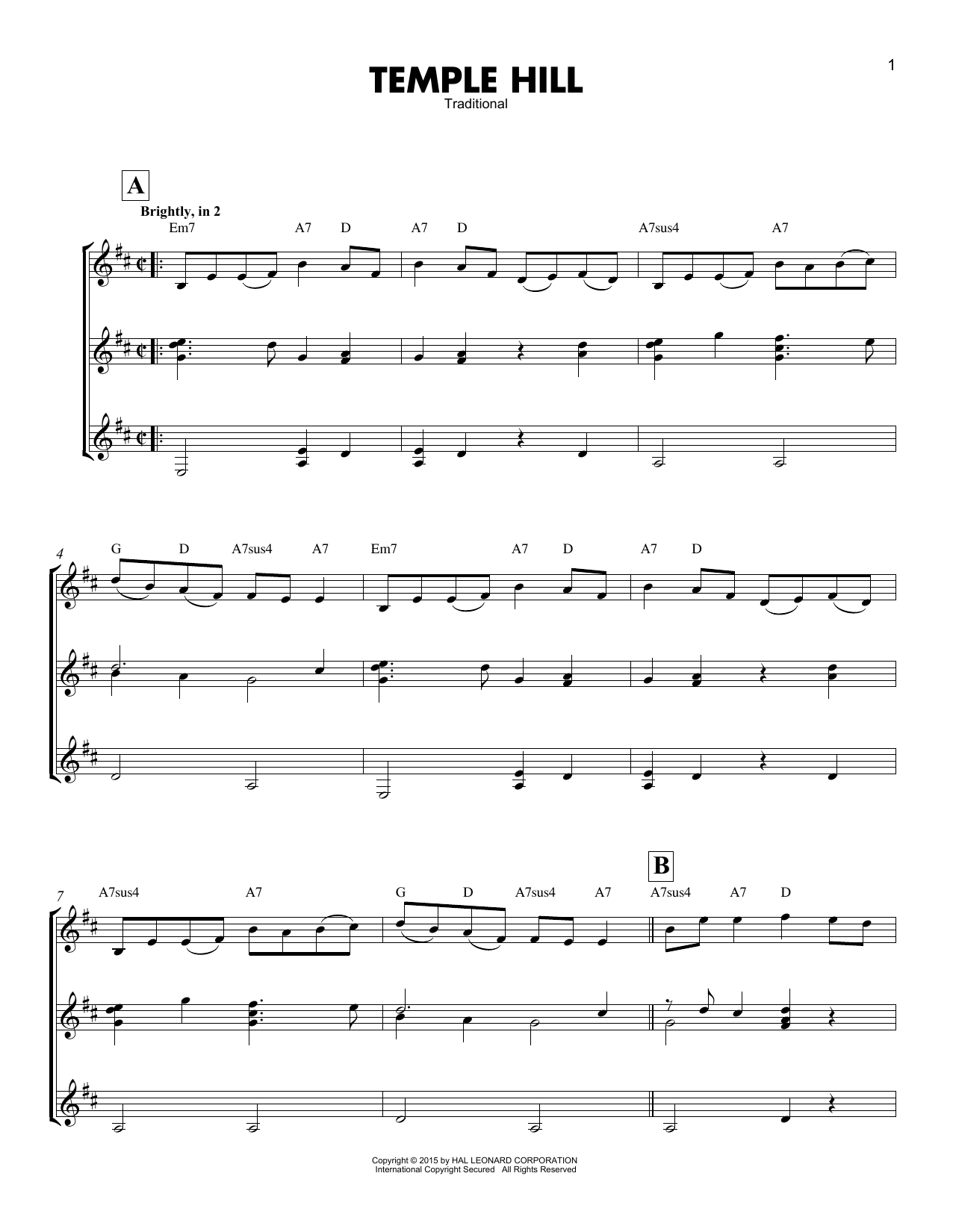 Traditional Temple Hill sheet music notes and chords arranged for Guitar Ensemble