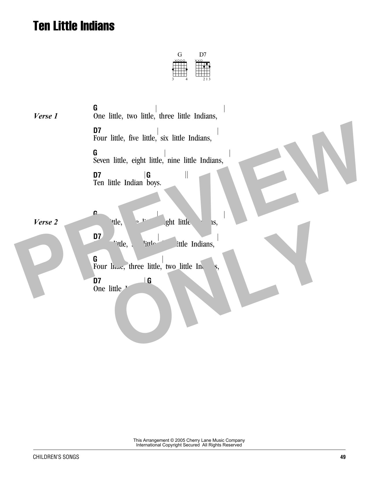 Traditional Ten Little Indians sheet music notes and chords arranged for Guitar Chords/Lyrics