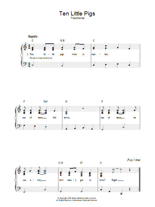 Traditional Ten Little Pigs sheet music notes and chords arranged for Easy Piano