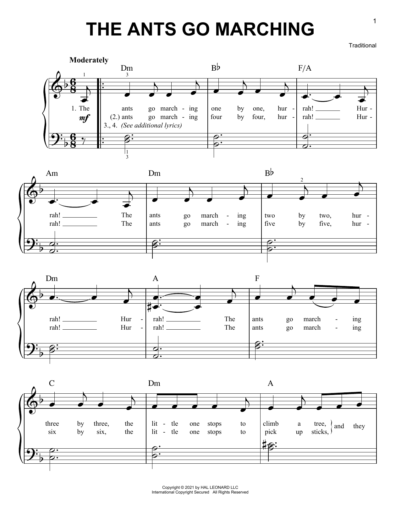 Traditional The Ants Go Marching sheet music notes and chords arranged for Easy Piano