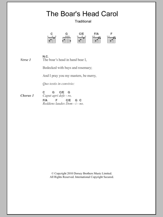 Christmas Carol The Boar's Head Carol sheet music notes and chords arranged for Guitar Chords/Lyrics