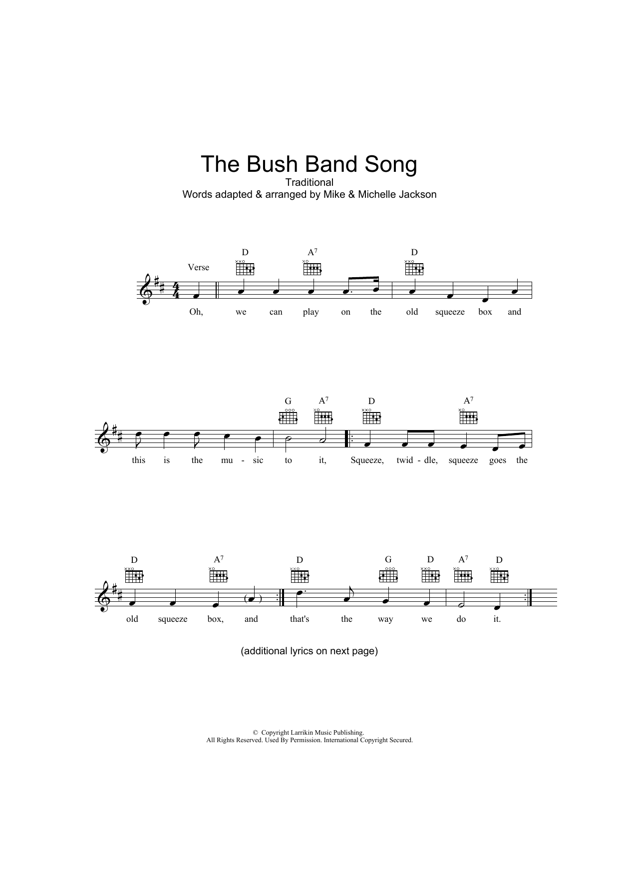 Traditional The Bush Band Song sheet music notes and chords arranged for Lead Sheet / Fake Book