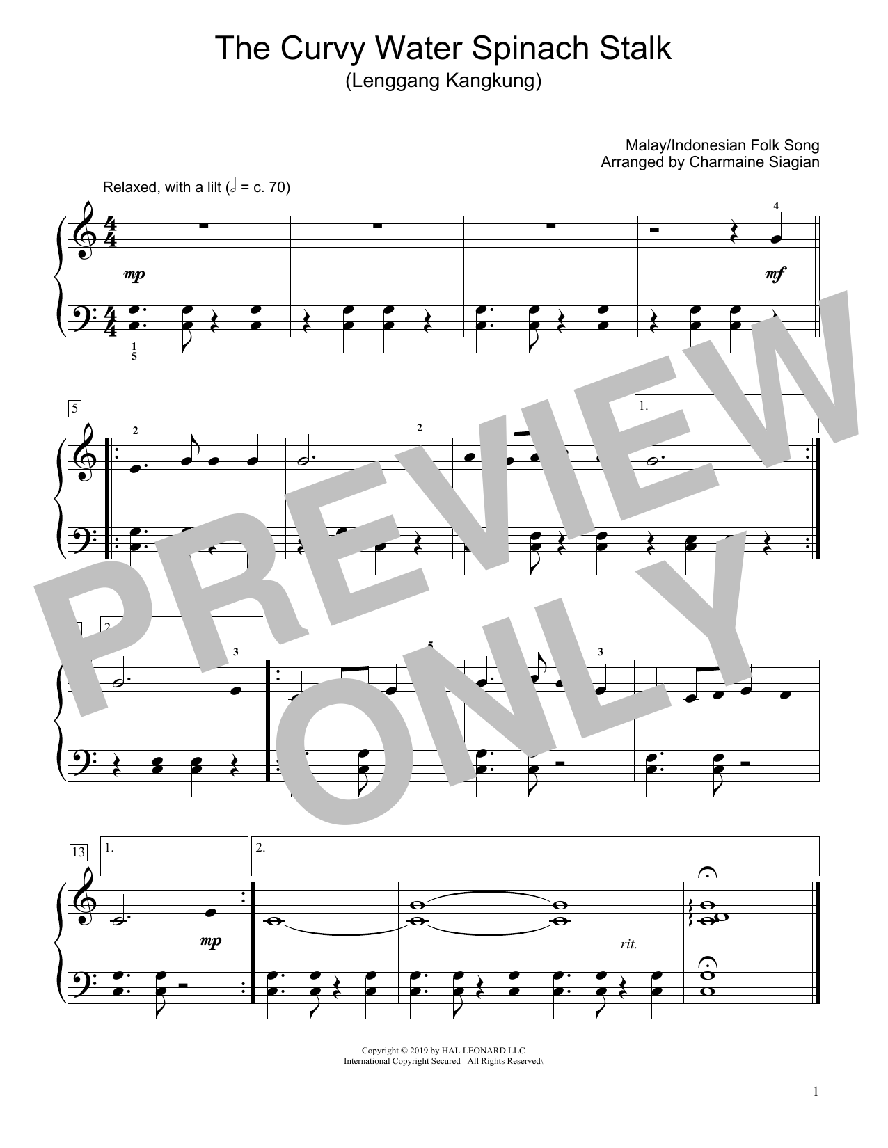 Traditional The Curvy Water Spinach Stalk (Lenggang Kangkung) (arr. Charmaine Siagian) sheet music notes and chords arranged for Educational Piano