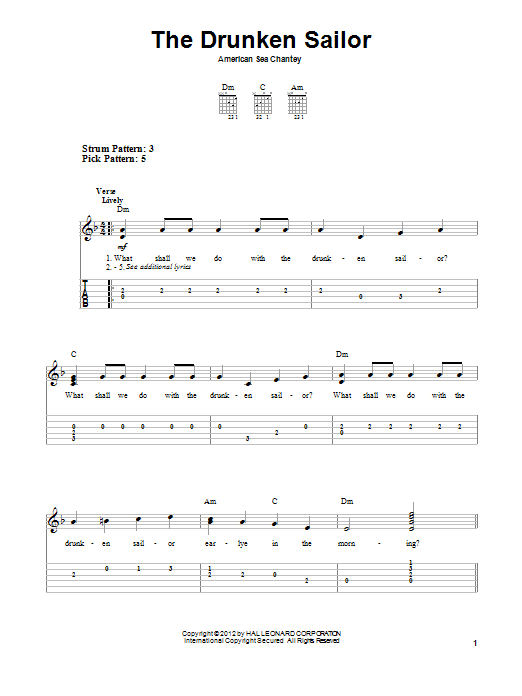 Traditional The Drunken Sailor sheet music notes and chords arranged for Easy Guitar Tab