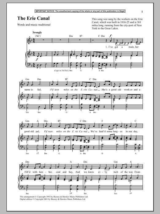 Traditional The Erie Canal sheet music notes and chords arranged for Piano & Vocal