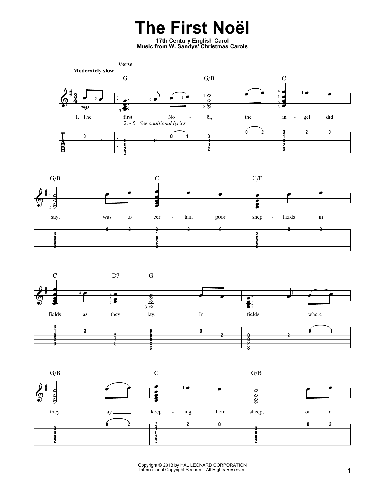 Traditional The First Noel sheet music notes and chords arranged for Solo Guitar