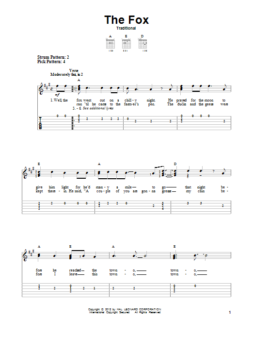 Traditional The Fox sheet music notes and chords arranged for Easy Guitar Tab