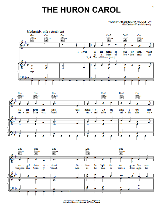 Traditional The Huron Carol sheet music notes and chords arranged for Piano, Vocal & Guitar Chords (Right-Hand Melody)