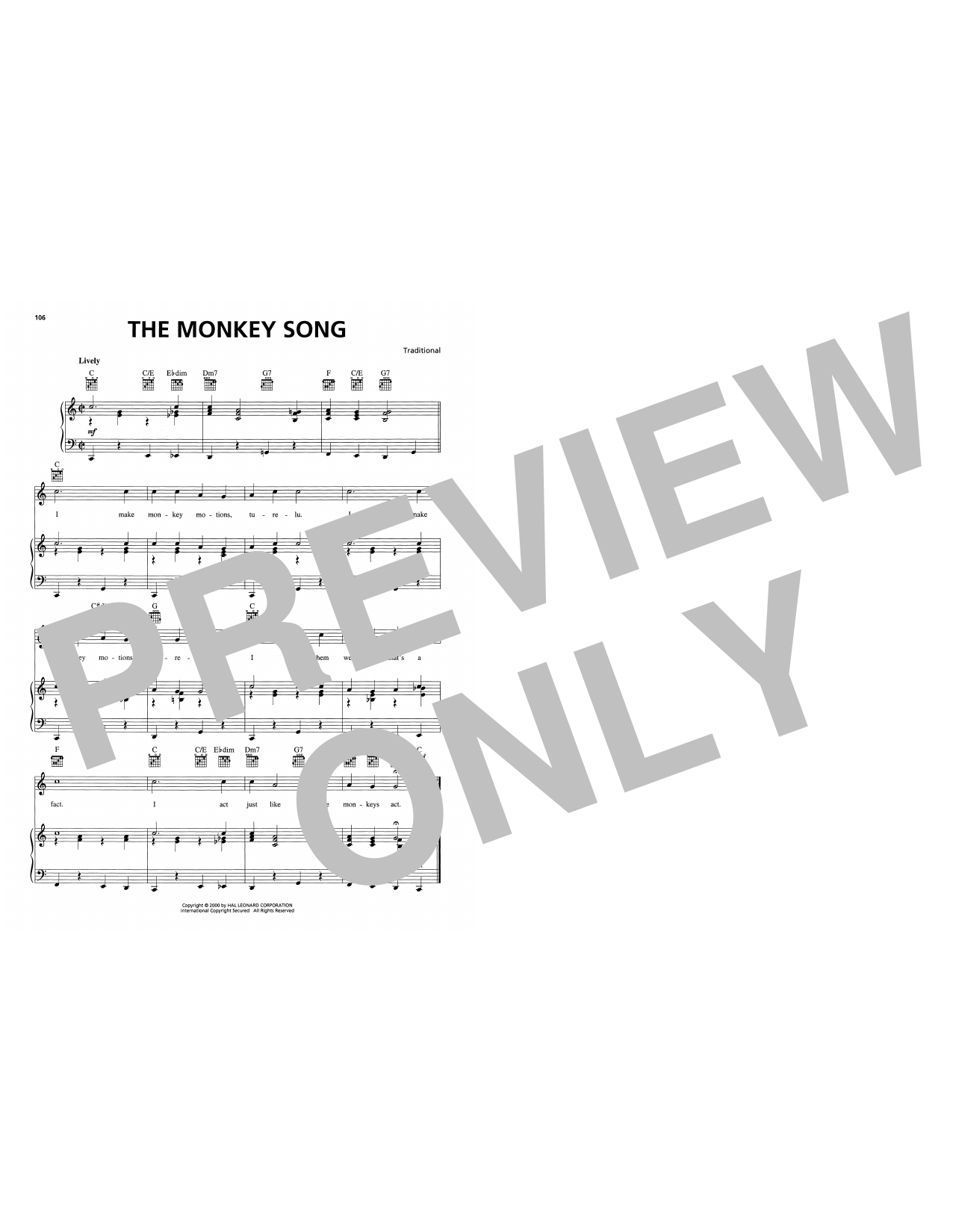 Traditional The Monkey Song sheet music notes and chords arranged for Piano, Vocal & Guitar Chords (Right-Hand Melody)