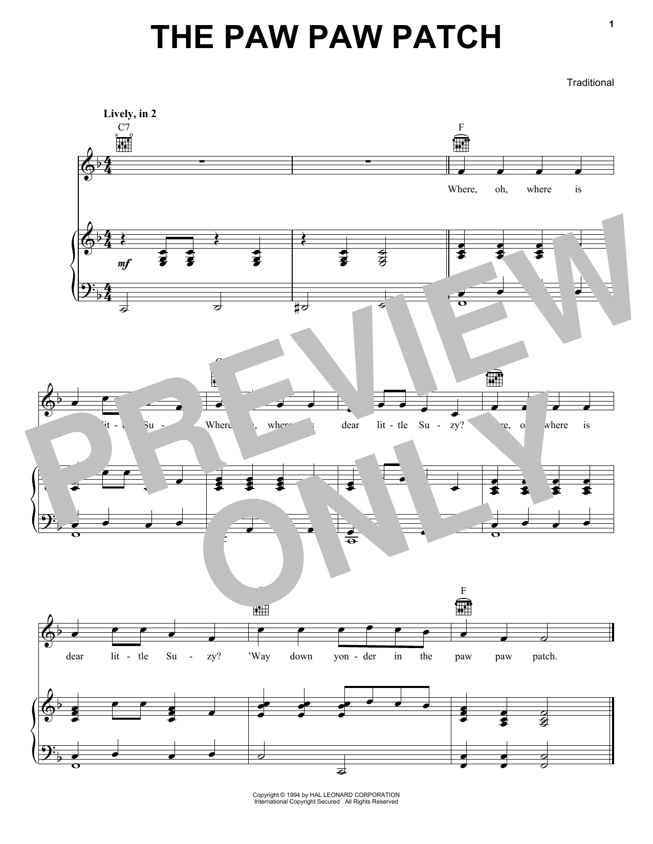 Traditional The Paw Paw Patch sheet music notes and chords arranged for Piano, Vocal & Guitar Chords (Right-Hand Melody)