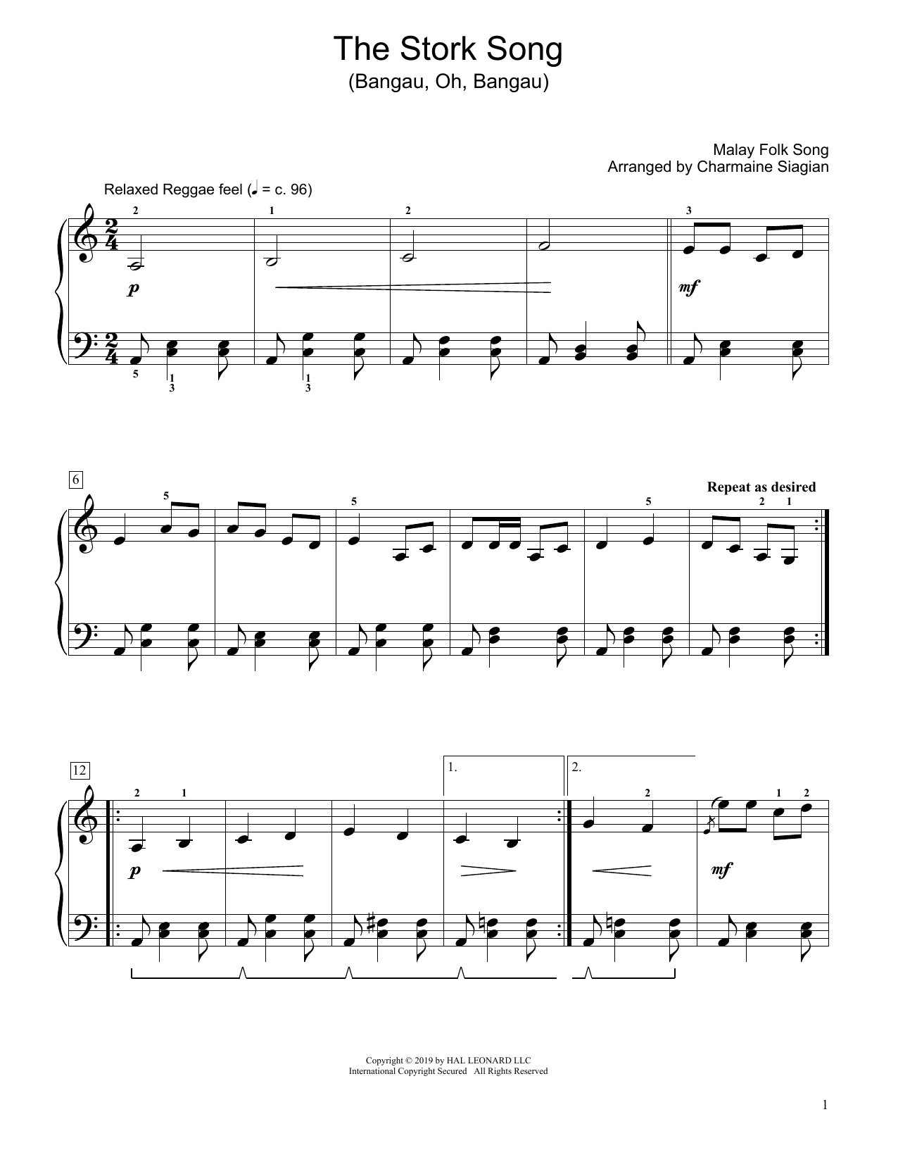 Traditional The Stork Song (Bangau Oh Bangau) (arr. Charmaine Siagian) sheet music notes and chords arranged for Educational Piano