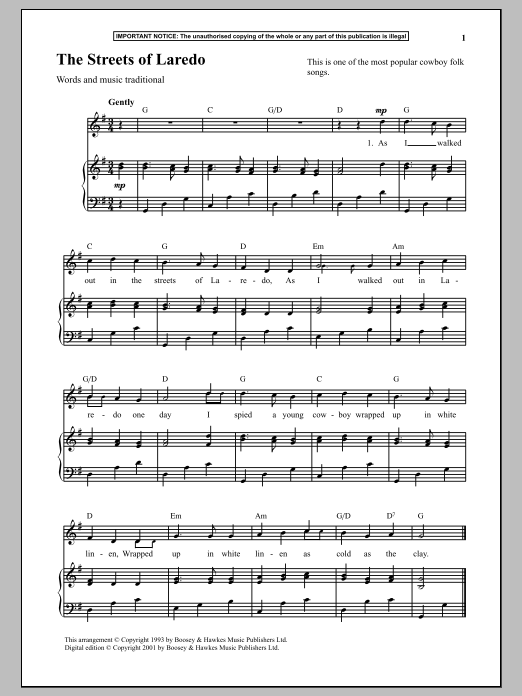 Traditional The Streets Of Laredo sheet music notes and chords arranged for Piano & Vocal