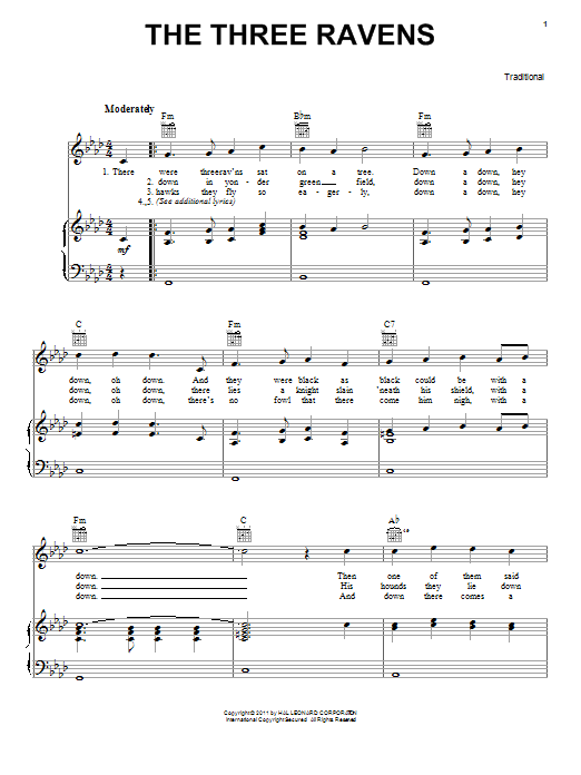 Traditional The Three Ravens sheet music notes and chords arranged for Piano, Vocal & Guitar Chords (Right-Hand Melody)