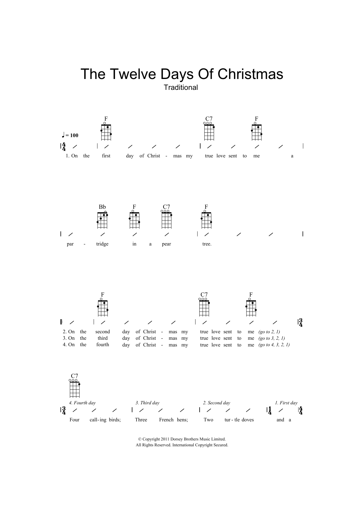 Traditional The Twelve Days Of Christmas sheet music notes and chords arranged for Ukulele Chords/Lyrics