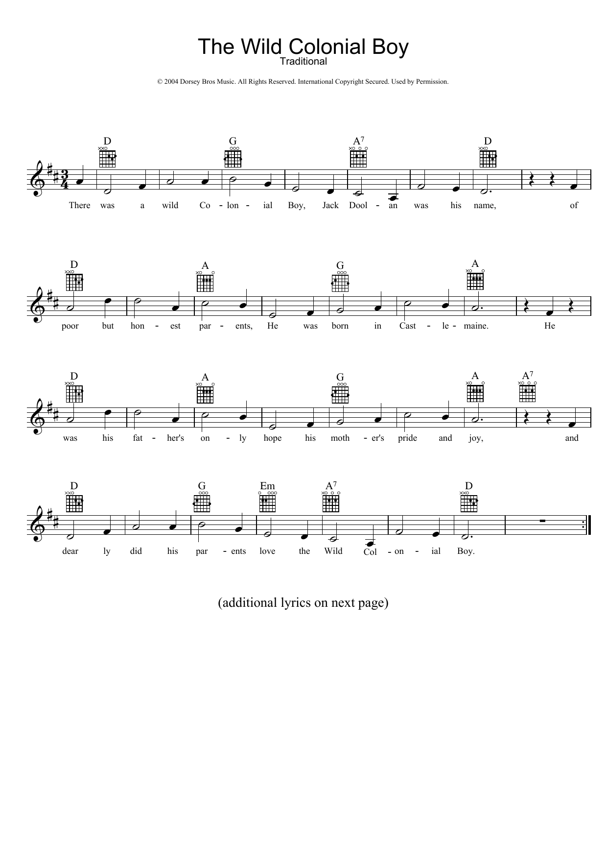 Traditional The Wild Colonial Boy sheet music notes and chords arranged for Lead Sheet / Fake Book