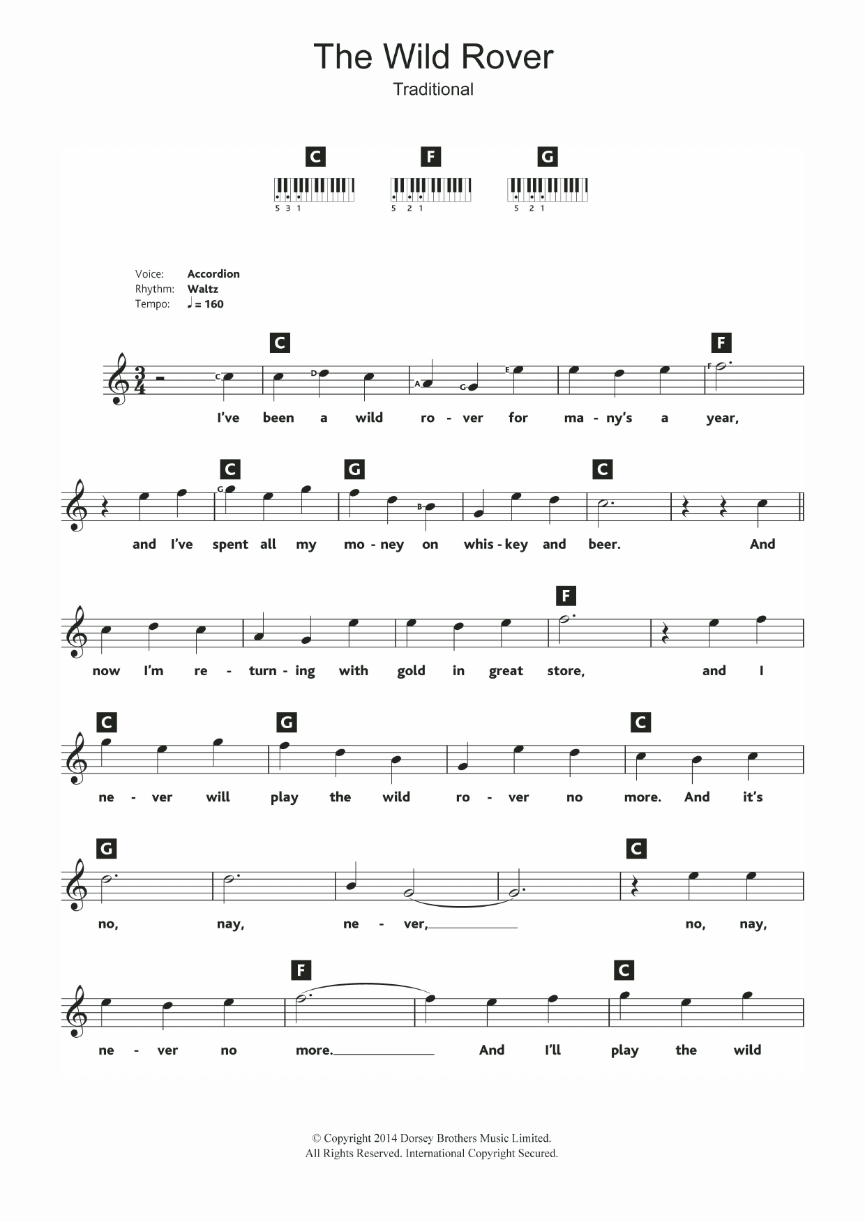 Traditional The Wild Rover sheet music notes and chords arranged for Piano Chords/Lyrics
