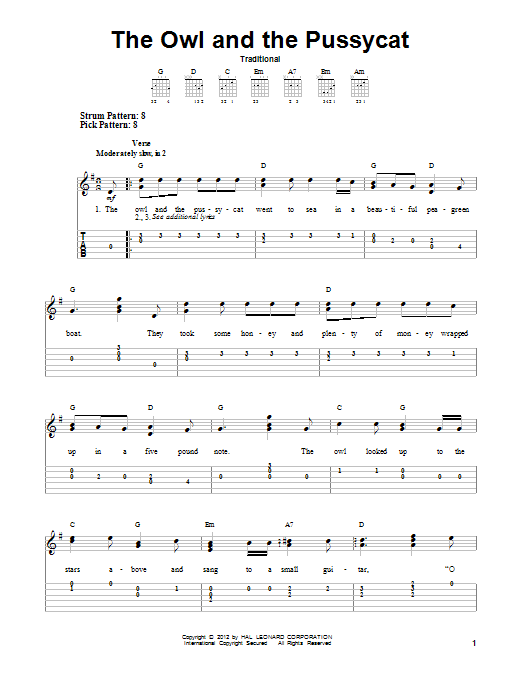 Traditional The Owl And The Pussycat sheet music notes and chords arranged for Easy Guitar Tab