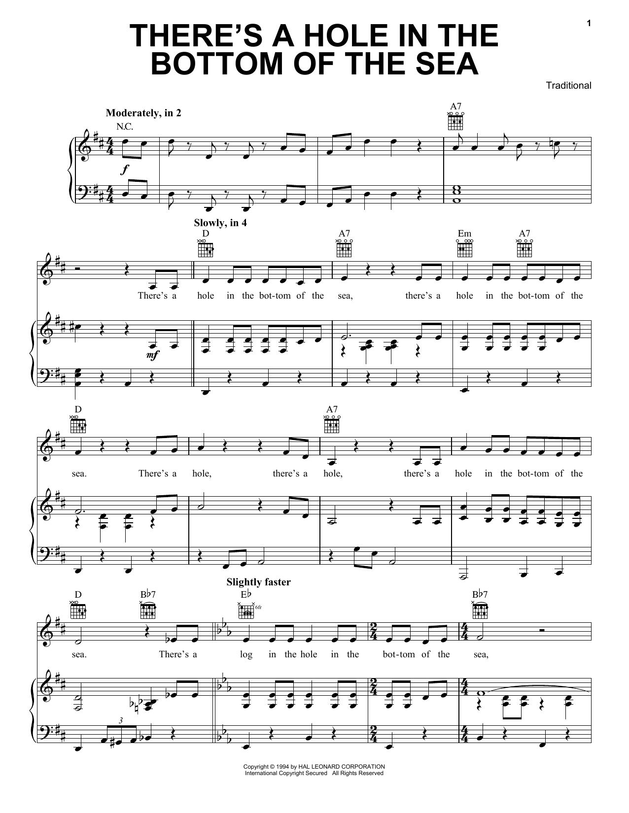 Traditional There's A Hole In The Bottom Of The Sea sheet music notes and chords arranged for Piano, Vocal & Guitar Chords (Right-Hand Melody)