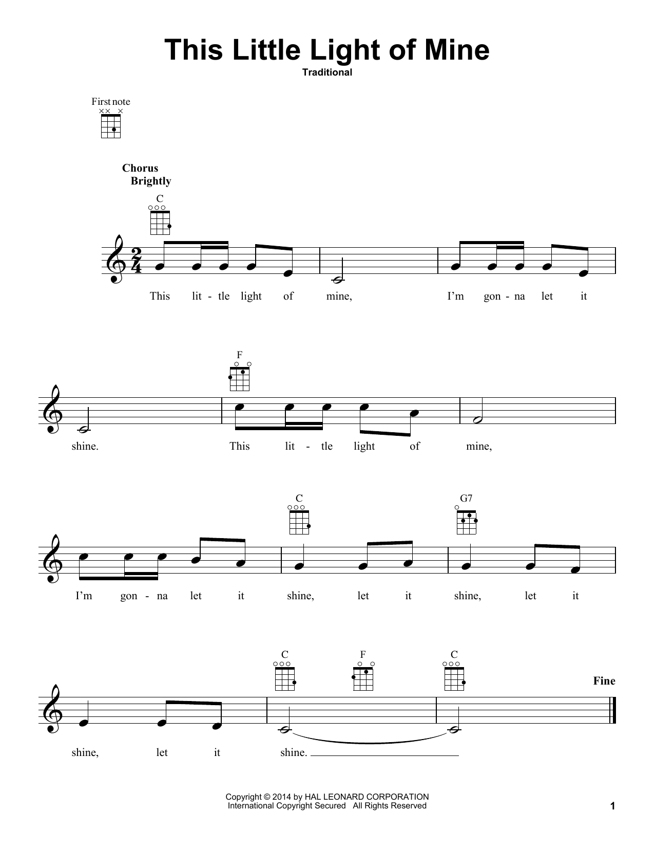 Traditional This Little Light Of Mine sheet music notes and chords arranged for Ukulele