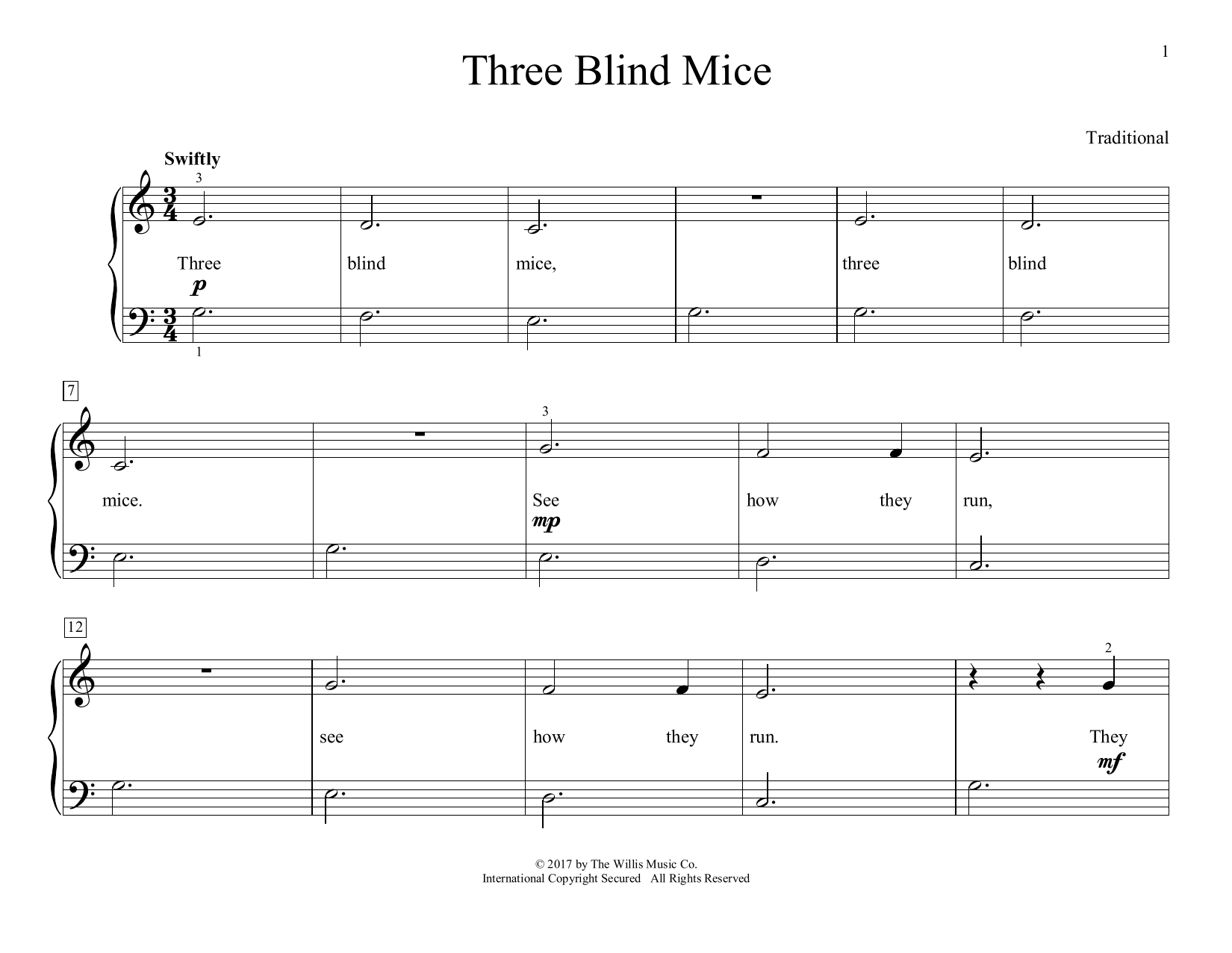 Traditional Three Blind Mice (arr. Christopher Hussey) sheet music notes and chords arranged for Educational Piano