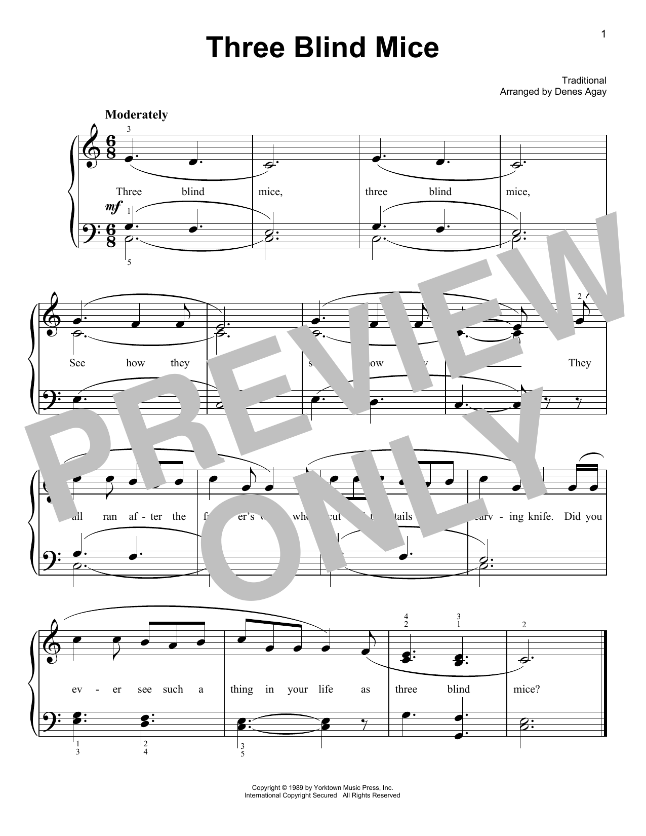Traditional Three Blind Mice (arr. Denes Agay) sheet music notes and chords arranged for Easy Piano