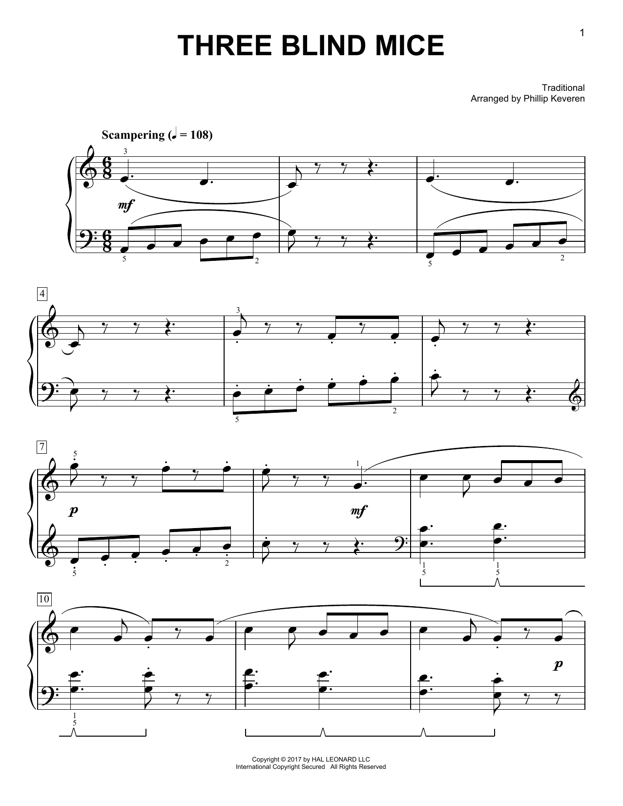 Traditional Three Blind Mice [Classical version] (arr. Phillip Keveren) sheet music notes and chords arranged for Easy Piano