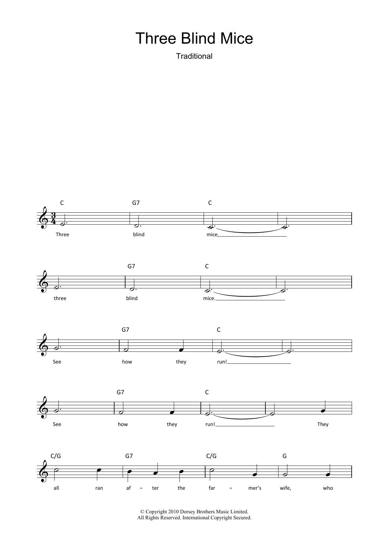 Traditional Three Blind Mice sheet music notes and chords arranged for UkeBuddy
